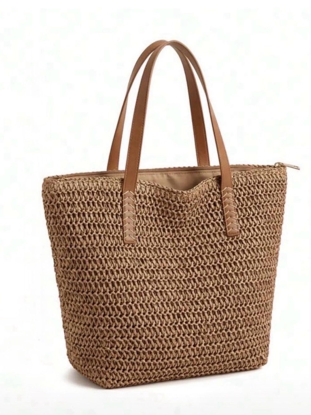 Natural Woven Tote with Tan Handles - Picture 3 of 7